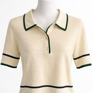 OAK + FORT Cream Polo Crop Top with Green and Navy Trim